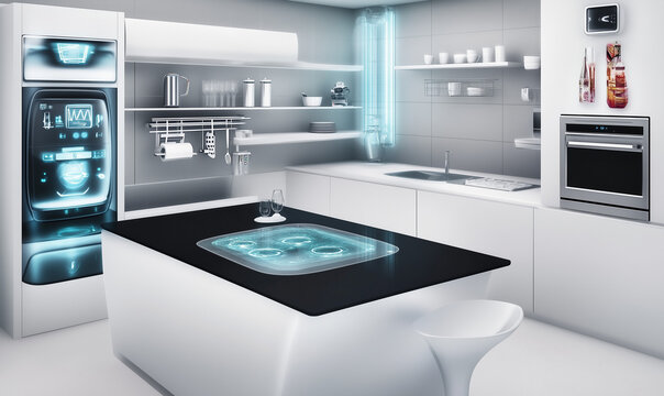 A futuristic kitchen featuring smart appliances and a sleek island, where culinary innovation meets modern design.
