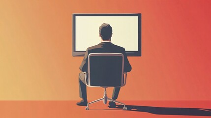 Confident Male Entrepreneur Sitting Behind TV Screen in Office