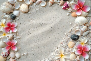 Obraz premium Decorative arrangement of shells, flowers, and small rocks on sandy beach surface
