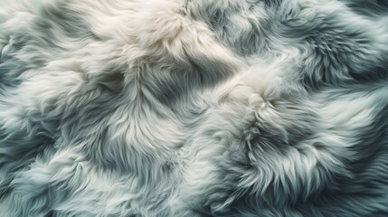 Fototapeta premium Plush fur material with an ombre gradient from sage green to light gray, artistically arranged in smooth waves, visible fine strands illuminated softly, subtle shadows enhancing depth and texture,