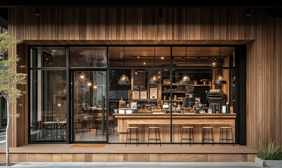 Fototapeta premium Trendy coffee shop front design featuring natural wood accents, inviting atmosphere, and contemporary urban style