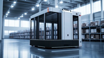 Fototapeta premium Automated Warehouse Robot: A sleek, autonomous robot navigates the expansive interior of a modern warehouse, efficiently managing inventory and logistics.