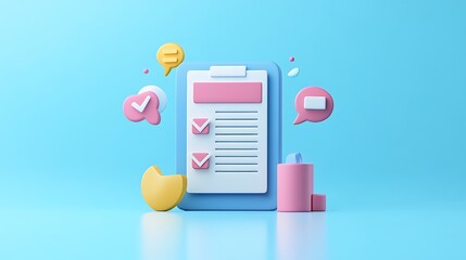 3D icon of a document with a checkmark and a credit card, simple design, white background, blue color palette, light blue background,