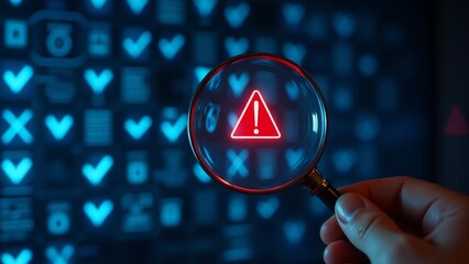 System engineer identifying problem in computer network system. Red triangle with exclamation mark and many other checkmark icons. Hand holding magnifying glass.