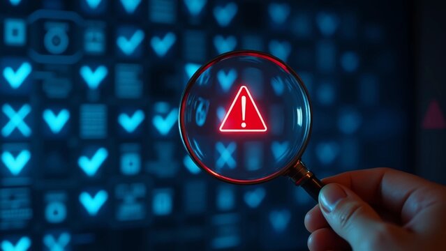 System engineer identifying problem in computer network system. Red triangle with exclamation mark and many other checkmark icons. Hand holding magnifying glass.