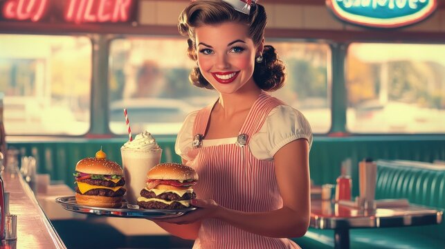 A 1950s pin-up style poster featuring a smiling woman in a retro diner waitress outfit