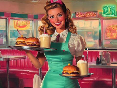 A 1950s pin-up style poster featuring a smiling woman in a retro diner waitress outfit
