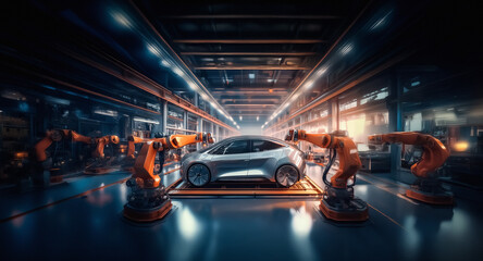 Modern factory scene: Robotic arms precisely assemble a sleek silver car on a futuristic production line, bathed in bright industrial lighting.