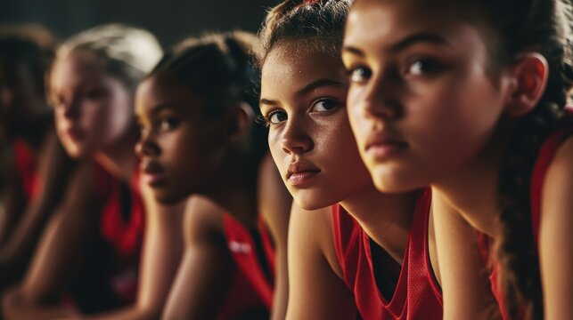 Girls basketball team focused on training together in gym, young athletes practicing teamwork and skill development for competitive sports success.