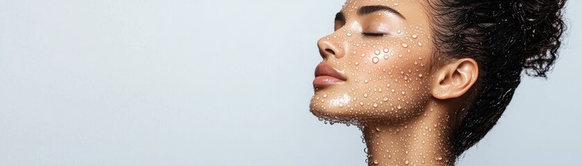 Fototapeta premium A serene woman with curly hair, gently smiling, adorned with glistening droplets on her skin against a soft, neutral background.