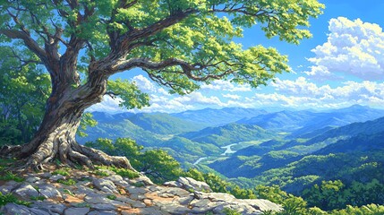 Fototapeta premium Pixel Art Landscape of a Majestic Tree on a Mountaintop Overlooking a Verdant Valley