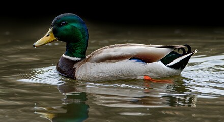 Mallard Duck Swimming Calmly in Water with Ripples and Dark Background