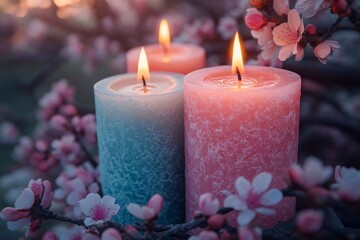 
Candles burning on the Easter table among Easter eggs and painted eggs.


