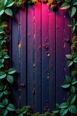 Distressed wood grunge banner with neon lights, moss and ivy, grunge, lighting, nature