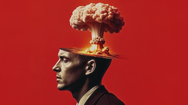 AI generative side closeup of face of sorrowful, devastated young Caucasian man with atomic bomb exploding inside his mind, leaving total destruction, with fire and massive mushroom cloud