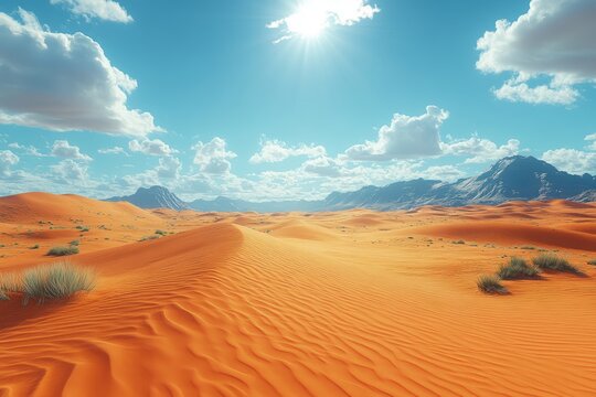 Golden desert landscape featuring rolling sand dunes under bright blue sky