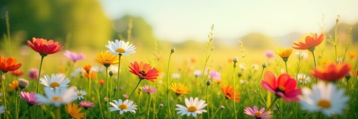 Fototapeta premium Field of colorful flowers swaying in the breeze, daisies, field