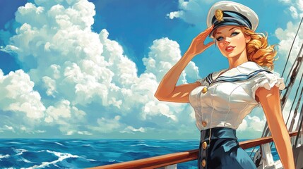 Obraz premium A fun and energetic pin-up style illustration of a woman in a sailor outfit, playfully saluting on the deck