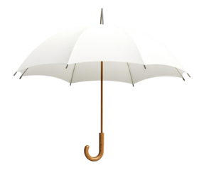 Classic white umbrella with curved handle, isolated on transparent cutout background