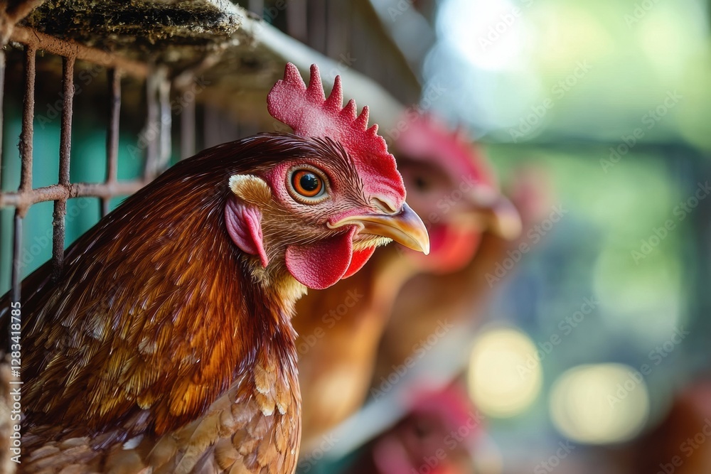 Poster Close view of a hen in a chicken coop during daylight showcasing vibrant feathers and attentive expression. Generative AI