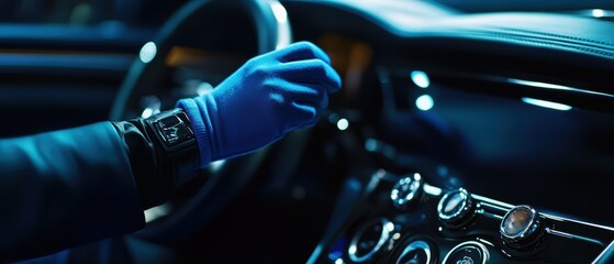 Hand with blue glove adjusting car controls in luxury vehicle interior showcasing modern dashboard and technology while driving at night.
