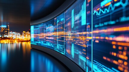 Obraz premium Futuristic data visualization display in a modern cityscape at night with glowing skyline