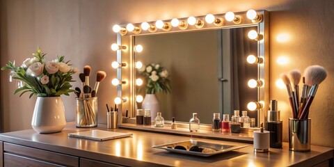 Luxurious vanity setup with soft glow from bulbs surrounding a mirror and artfully arranged makeup tools on a decorative tray , elegance, artist's tools