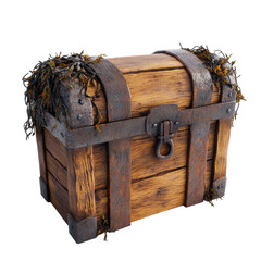 A wooden box that looks like a treasure chest covered in algae. The whole box is made of wood, as if it had just been pulled out of the water