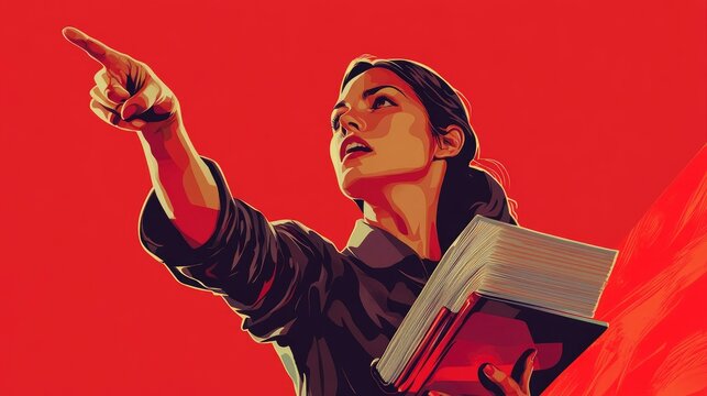 A powerful Soviet-era poster-style image of a woman holding a book and pointing forward