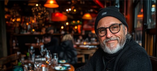 Obraz premium Man wearing a black hat and glasses is smiling at the camera. He is sitting at a table in a restaurant with other people around him