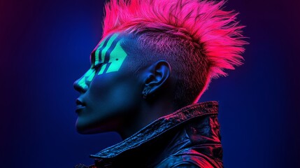 Woman with a bold, colorful hairdo stands out against a dark background. She is wearing a black jacket and has a unique, edgy look. Concept of confidence and individuality