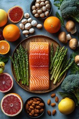 Healthy flat lay with fresh salmon, vegetables, fruits, nuts, and mushrooms