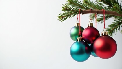 A cluster of colorful Christmas balls hanging from a wooden branch against a white background , merry decor, garland decorations