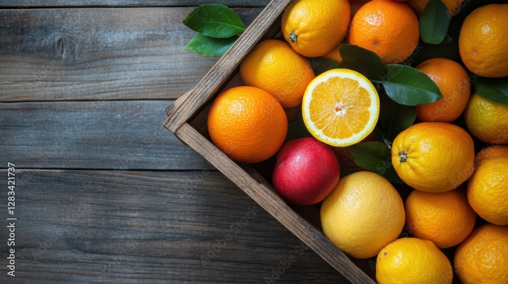 Aufkleber fresh fruits in a wooden basket with oranges, lemon, and apples arranged on a rustic wooden table. g