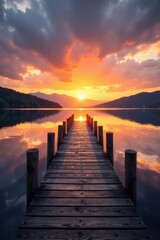 Obraz premium Distressed wooden bridge over a calm lake at sunset, sunset, natural, serene