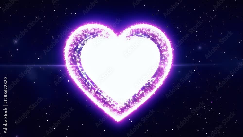 Wall mural glowing heart disintegrating into hundreds of tiny heart particles scattering across a dark starry b