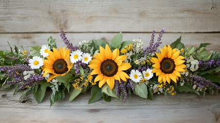 Obraz premium Boho-Inspired Floral Arrangement with Sunflowers, Lavender, and Daisies on Reclaimed Wood 