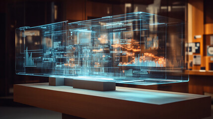 A futuristic holographic interface with floating transparent panels, glowing blue lines and dynamic data points and graphs, creating an elegant digital display. Generative AI