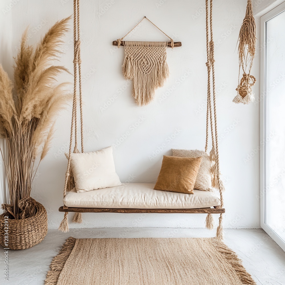 Canvas Prints Bohemian Indoor Setup with Wooden Swing Beige Cushions Macrame Wall Decor and Pampas Grass