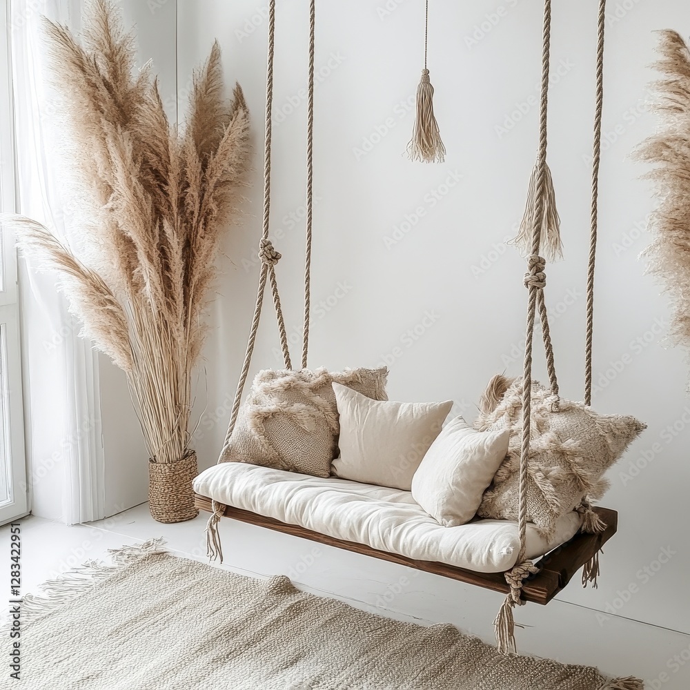 Canvas Prints Bohemian Indoor Swing with Beige Cushions and Pampas Grass Against White Wall