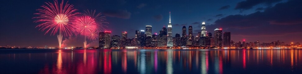 City skyline with fireworks and New Year's Eve lights, urban landscape, neon lights