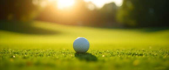 A golf ball lies on the lawn against the backdrop of sun rays.