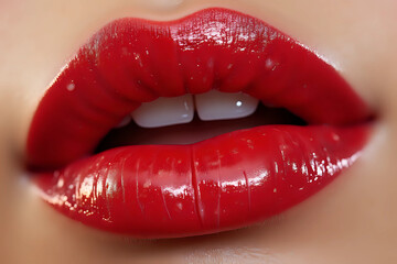 Obraz premium Girl's lip lipstick is polished and glossy, with maple leaf colored lip gloss highlights