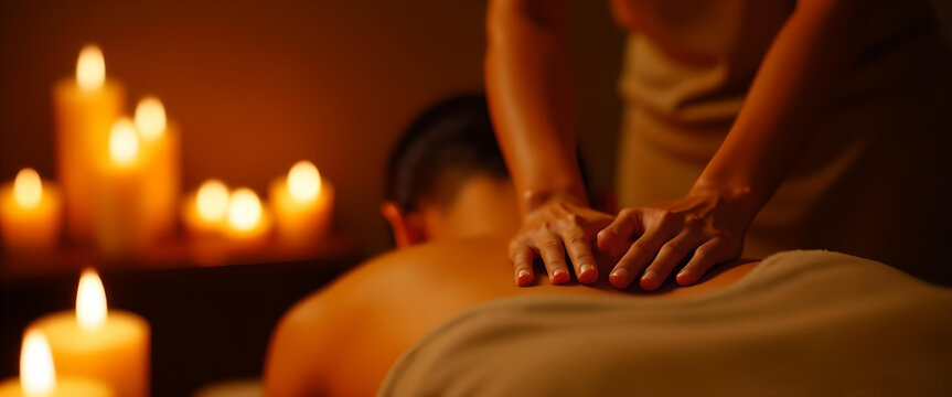 A masseur gives a back massage to his client in a romantic setting with burning candles in the background.
