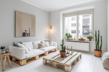 Fototapeta premium Bright Minimalist Living Room Interior with White Pallet Furniture and Plants