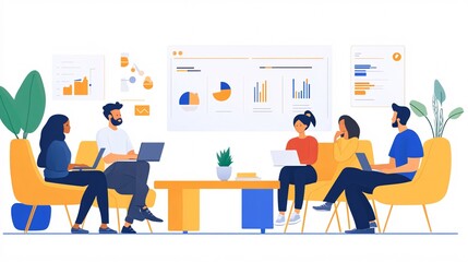 Diverse Team Collaboration in Modern Office Space with Charts