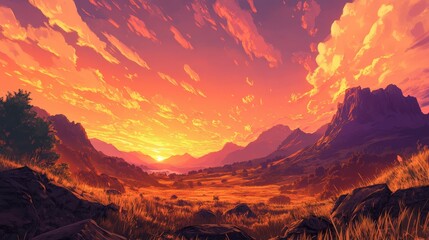 A tranquil sunset over a mountain range, the sky painted with vibrant oranges and pinks, casting a golden glow across the valley below.