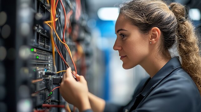 Female engineer focused in server room, showcasing innovation and technical expertise