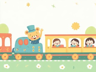 Naklejka premium Cheerful Children Ride Pastel Train with Friendly Bear Conductor