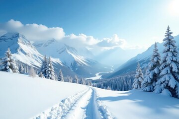 Fototapeta premium Fresh powder snowfall on a pristine winter landscape, snowy landscape, snowy mountains, whiteout